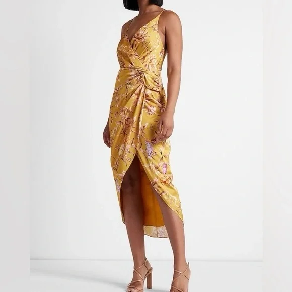 express yellow satin dress Satin Sleeveless Ruched Cutout Maxi Dress